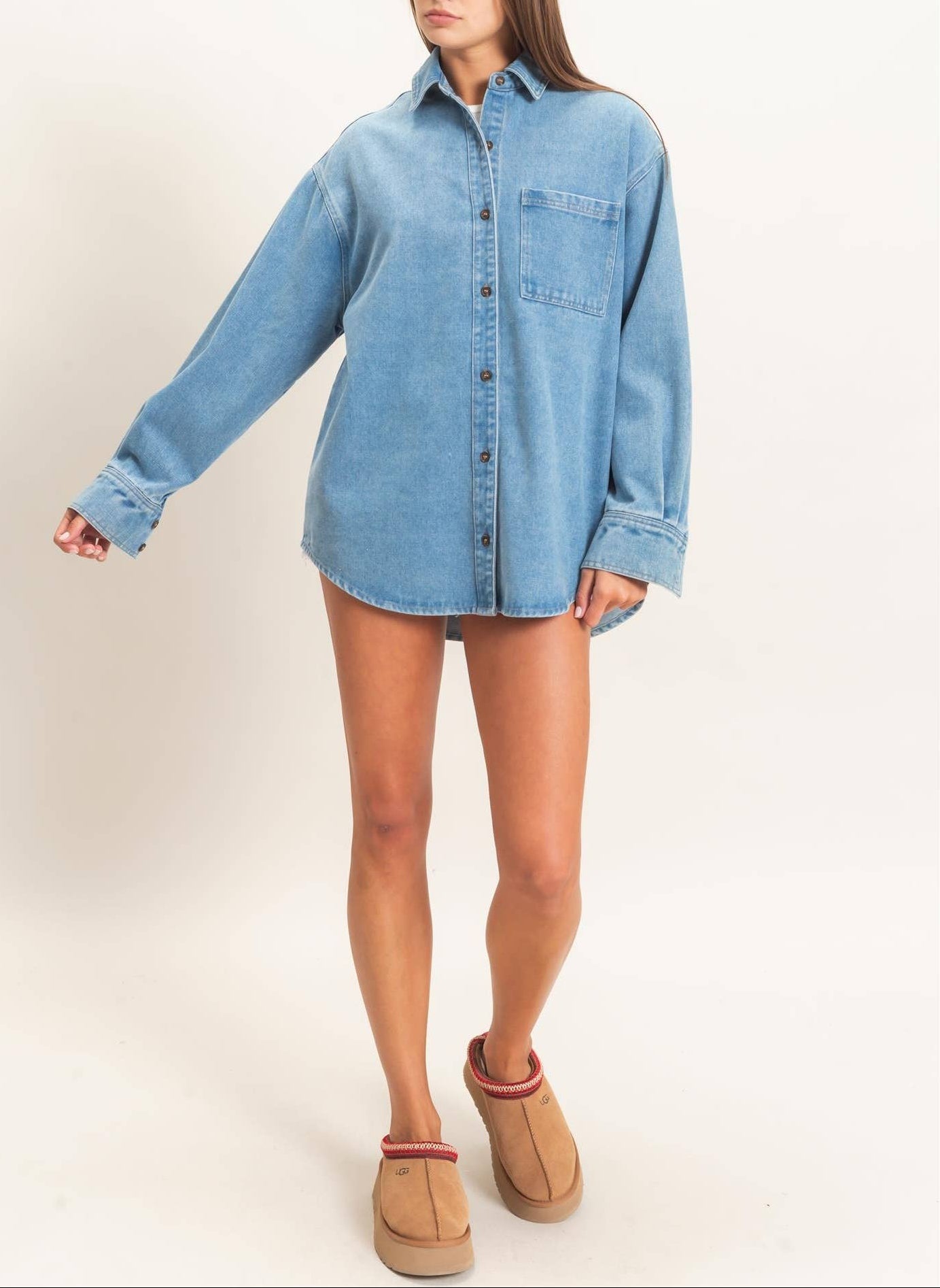 Women's Classic Denim Button-Up Collar Shirt - - MaeSor Boutique