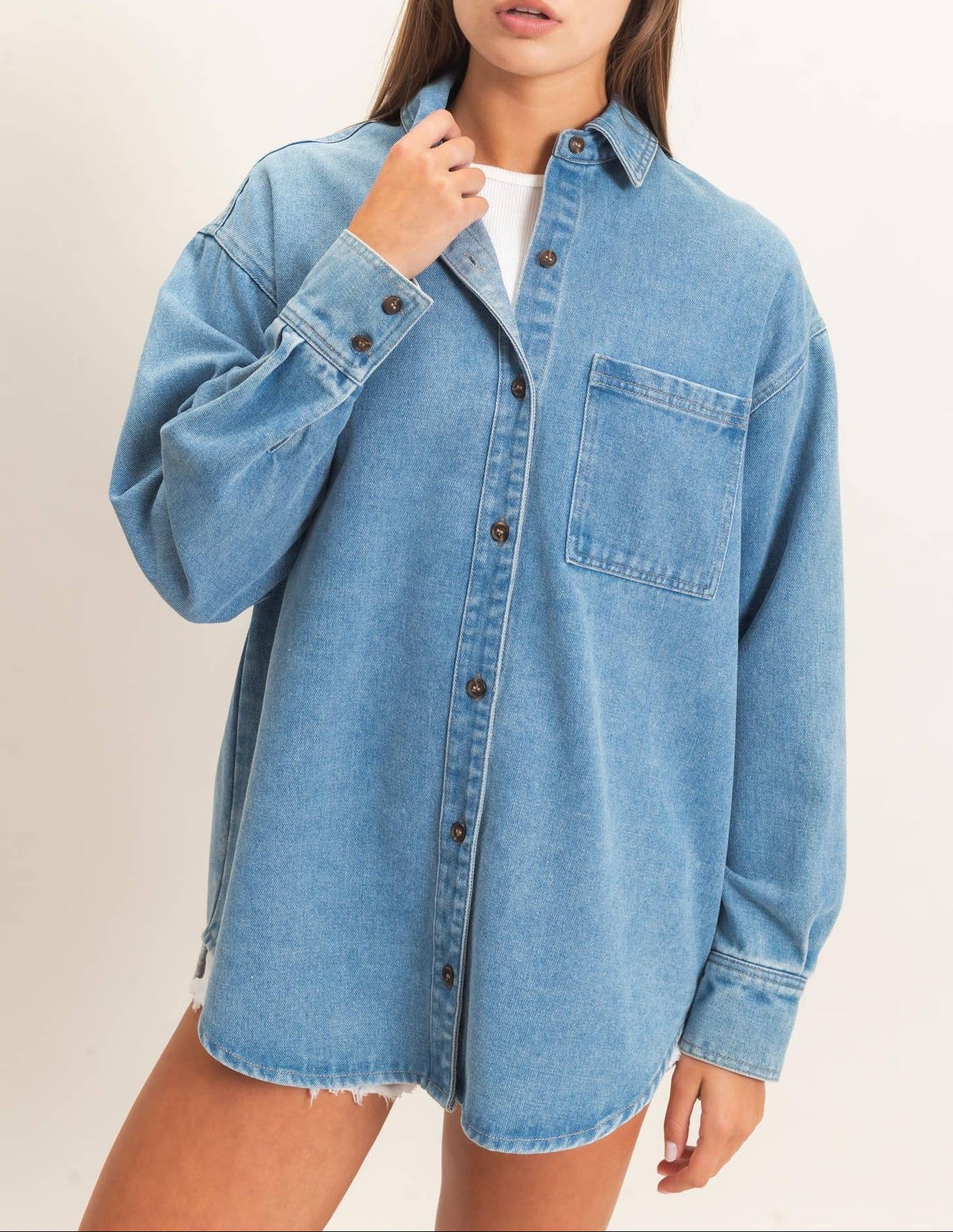 Women's Classic Denim Button-Up Collar Shirt - - MaeSor Boutique