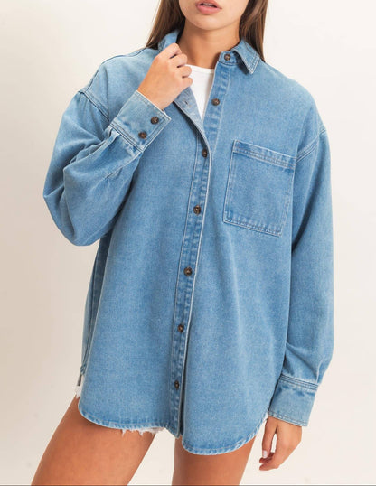 Women's Classic Denim Button-Up Collar Shirt - - MaeSor Boutique