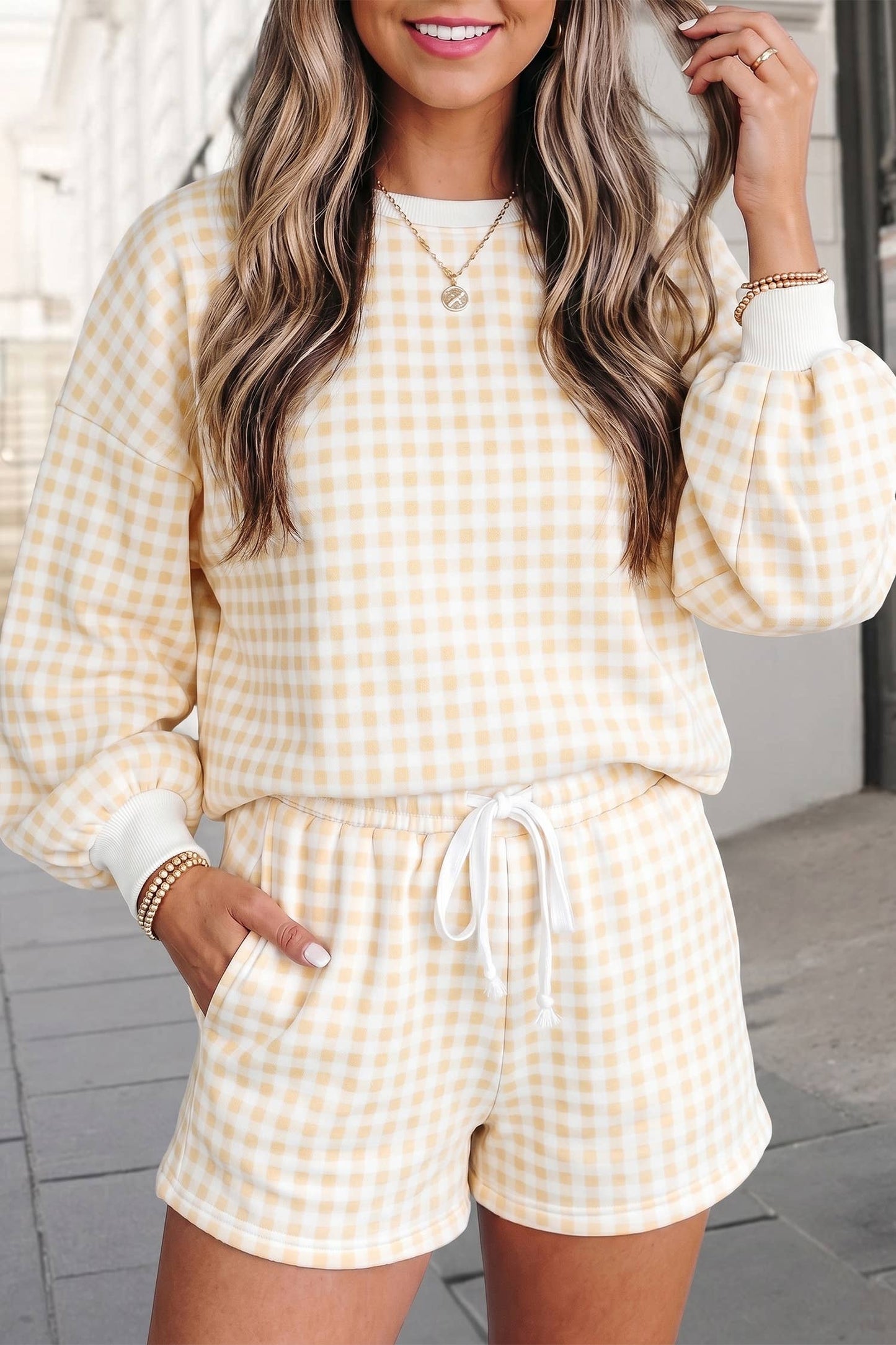 Women's Plaid Print Pullover & Drawstring Shorts 2-Piece Set - Yellow - MaeSor Boutique