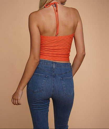 KNIT EYELET HALTER TOP